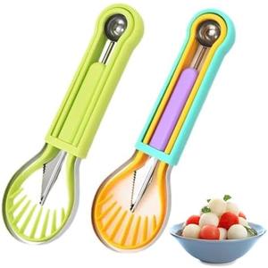 WIizyzfhy 2025 Upgraded 3-in-1 Stainless Steel Fruit Carving Tool Set, Watermelon Fork Slicer Ice Cream Watermelon Spoon Cutting Knife (green+yellow)