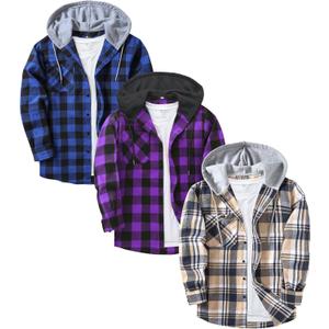 ZITY 3 Pack Men's Flannel Hoodie Shirts Long Sleeve Casual Vintage Button Down Plaid Shirt Jacket with Pocket (X-Large, Deepbluebeige Blackpurple Blue)