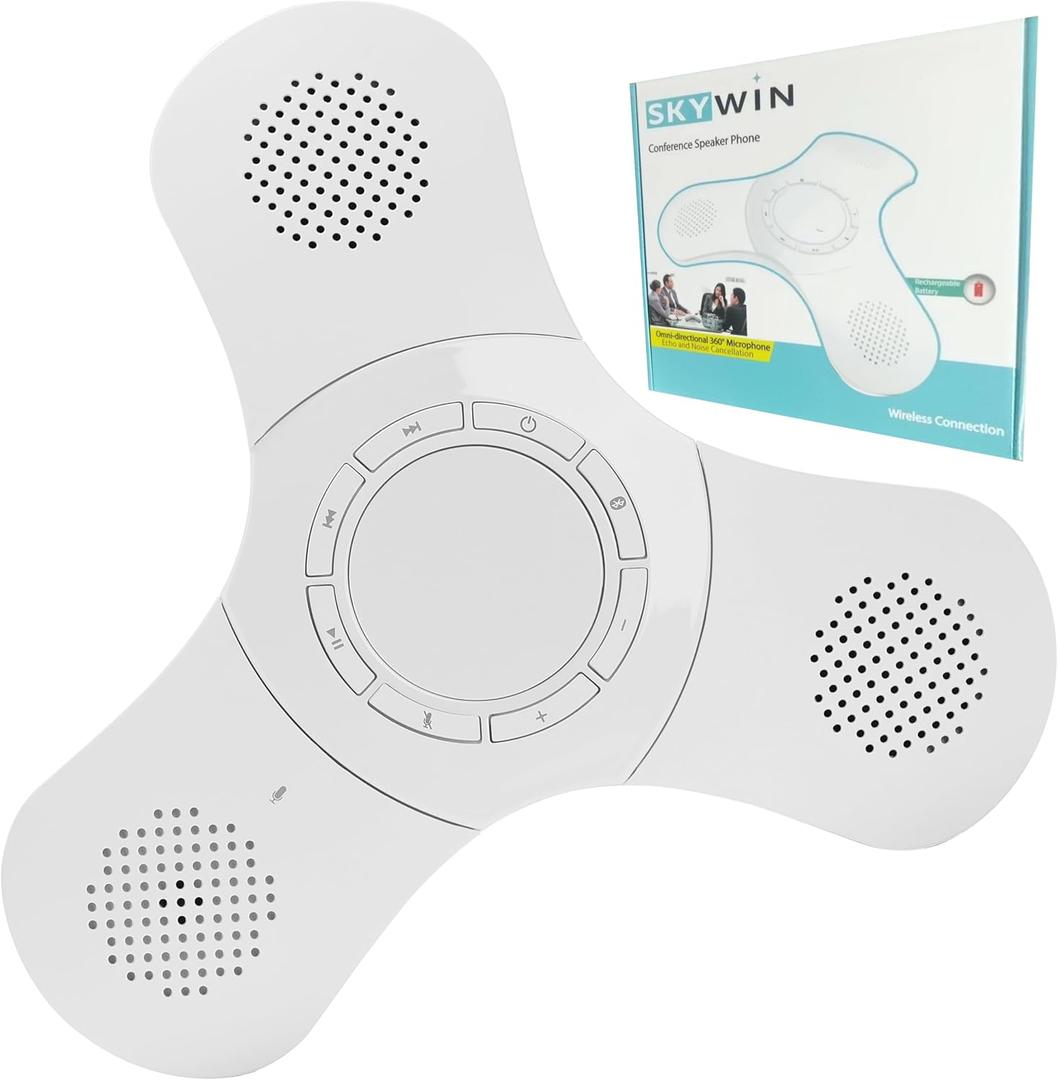 Skywin Bluetooth Conference Speaker with Microphone, Portable Wireless Speaker for Office Desk, Computer, and Laptop, Bluetooth Microphone for Conference Room, and PC, Smart Speakerphone (White) (1 Pack (White))