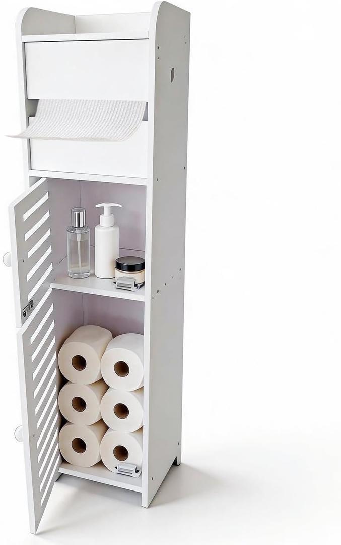 BorealBear Slim Bathroom Storage Cabinet with Toilet Paper Holder, Narrow Bathroom Cabinet for Small Spaces, Freestanding Organizer with Door & Shelves, Space Saving White Bathroom Cabinet