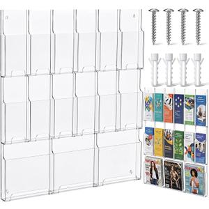 Thyle Acrylic Brochure Pamphlet Holder with 3 Magazine & 12 Pamphlet Slots, Clear Magazine Display Rack, Wall-Mounted Literature Organizer for Home and Office Waiting Room