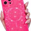 for iPhone 16 Pro Max Case Glitter Compatible with Magsafe, Girly Cute Sparkly Magnetic Mag Safe Pretty Phone Case for Women, Bedazzled Bling Sparkle Slim Bright Silicone Rubber Jelly, Hot Pink