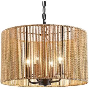 Rattan Wicker Drum Chandelier Light Fixtures,4 Light Boho Pendant Light Farmhouse Rustic Hand Woven Lighting for Dining Room Kitchen Island Living Room Bedroom