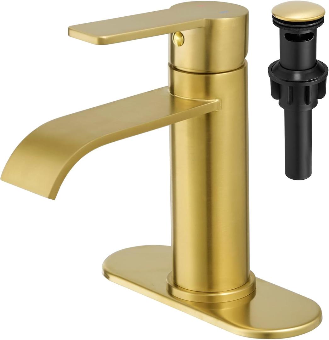 VOTON Waterfall Bathroom Faucet Brushed Gold, Single Handle 1 or 3 Hole Modern Sink Faucet with Deck Plate & Pop-Up Drain, RV Camper Vanity Washbasin Tap VOTON Waterfall Bathroom Faucet Brushed Gold, Single Handle 1 or 3 Hole Modern Sink Faucet with Deck Plate & Pop-Up Drain, RV Camper Vanity Washbasin Tap