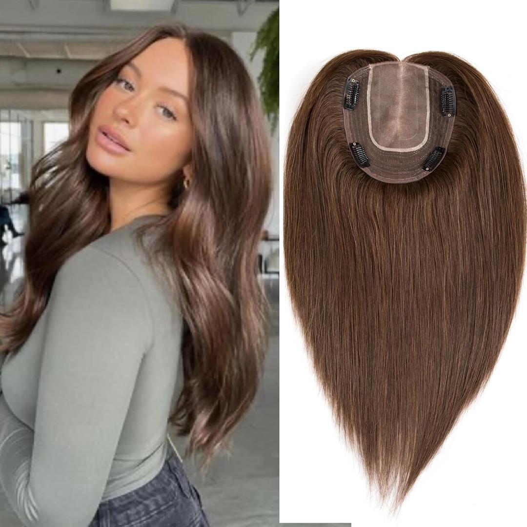 13x15cm Human Hair Toppers for Women 10 inch 7x10 cm Handtied Mono Base Straight Human Hair Clip in Topper Hairpieces for Hair Loss Thinning Hair (4#, 10 Inch)