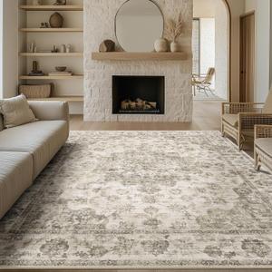 8x10 Washable Neutral Area Rug Taupe Vintage Living Room Bedroom Carpet Non-Slip Soft Low Pile Floral Large Throw Rug for Dining Room Entryway Office