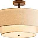 18" Semi Flush Mount Ceiling Light, Classic Fabric Linen Double Drum 3-Light, Farmhouse Black Light Fixture for Living Room, Bedroom, Kitchen, Dining Room