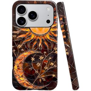Case for iPhone 17 Pro,Fits Glossy Case Design for Girl Women,Celestial Stained Glass Sun Moon Flower