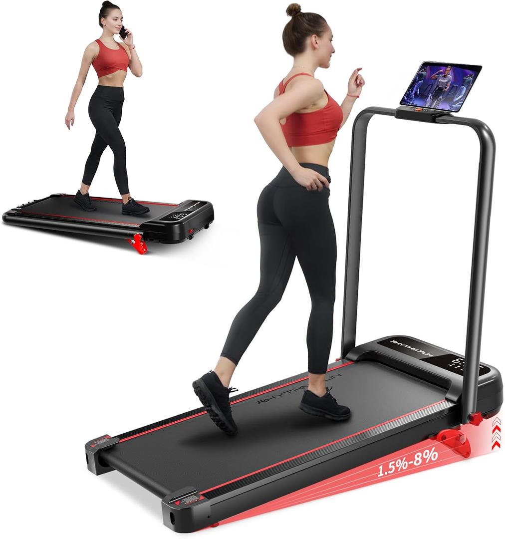 RHYTHM FUN Incline Foldable Treadmill, Walking Pad Treadmill with Incline, 300 lbs Portable Treadmills with Handles for Home Office Use, Under Desk Compact Walking Pad (Black with Incline)
