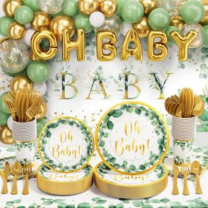 Ecomore Girl Boy Sage Green Baby Shower Decorations 247 PCS (25 Guest) Boho Greency Party Supplies with Paper Plate Napkin Cup Cutlery & Tablecloth Oh Baby Backdrop Balloon Kit for Gender Reveal Decor