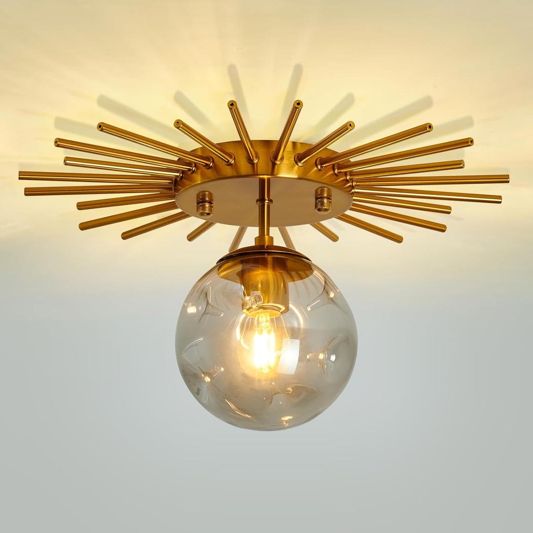 UOFUS Gold Sunburst Semi Flush Mount Ceiling Light Fixture with Glass Globe 1-Light Small Chandelier Farmhouse Ceiling Lamp for Hallway Stairwell Foyer Office Entryway