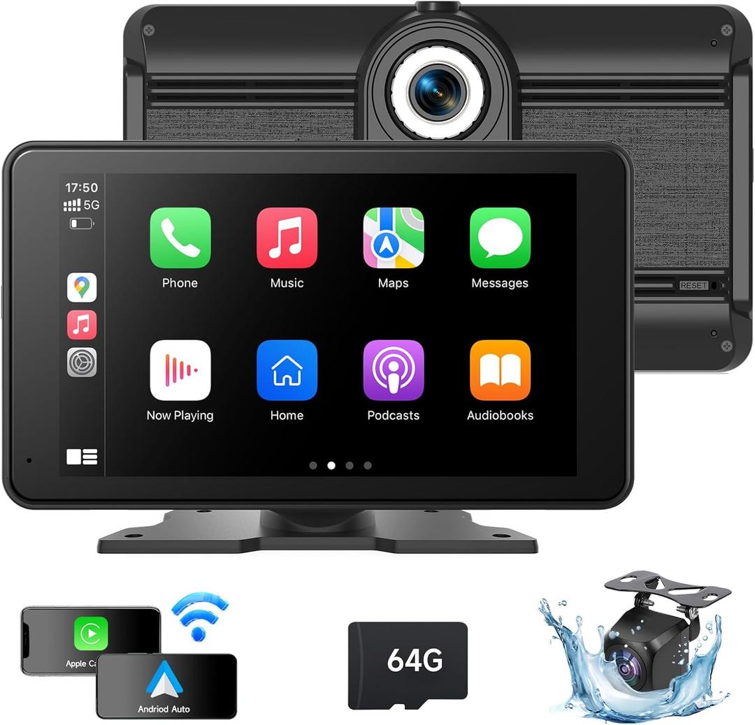 Portable Wireless Carplay Screen for Car, 4K HD A-pple CarPlay & Android Auto Touchscreen with Backup Camera/Mirror Link/Car Audio Receivers/Bluetooth/Siri/GPS Navigation-7 Inch (Medium)