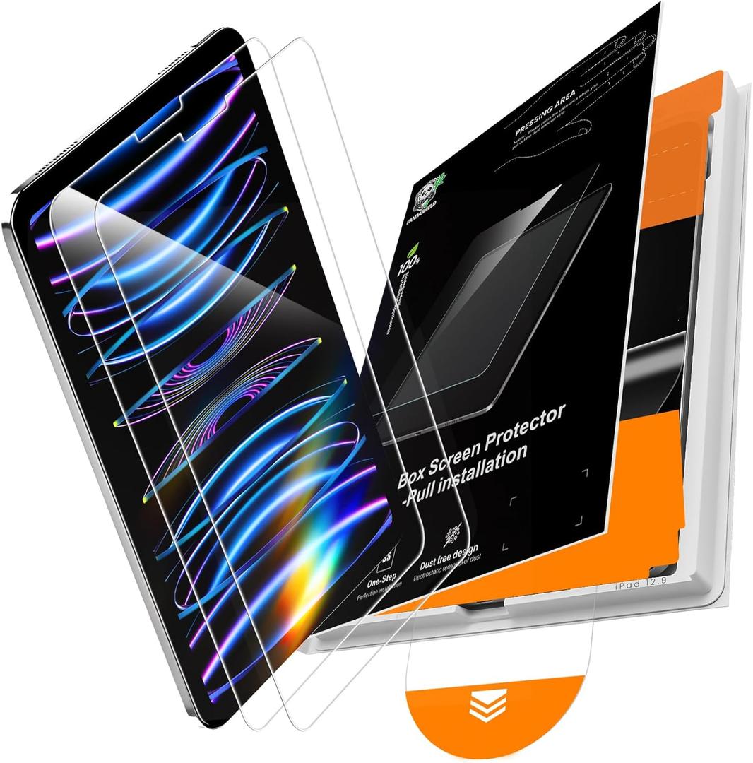 PandaShield 2 Pack for iPad Pro 12.9 inch 6th/5th/4th/3th Generation(2022/2021/2020/2018 Released)9H+Tempered Glass Screen Protector with Easy-Install[12FT Grade Shatterproof]Apple Pencil Compatible (HD Clear)