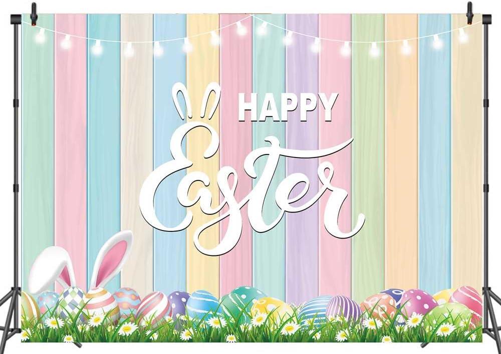 Colorful Wooden Happy Easter Backdrop Colorful Eggs Rabbit Green Grass Easter Party Decoration(240x180cm)