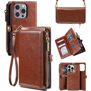 for iPhone 15 MagSafe Wallet Case Detachable Magnetic Wallet with RFID Blocking, PU Leather Zipper & Strap for Women Men. Brown