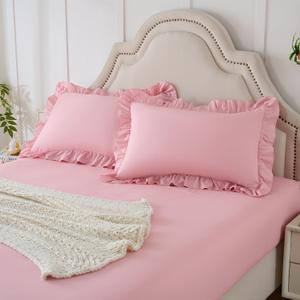 Homiest 2-Pieces Ruffle Pillow Case & Fitted Sheet Set, Light Pink Twin Sheets with Ruffled Pillow Shams, 15 Inch Deep Pocket, Cute & Coquette Microfiber Bed Set for Decorating Bedroom Hotel