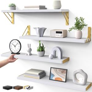 BAYKA Wall Shelves for Bedroom Decor, Floating Wall Shelf for Living Room Kitchen Storage, Mounted Rustic Wood Shelves for Kids Books, Corner Shelf for Bathroom(White and Gold23inSet of 4)