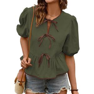 Falechay Womens Summer Tops Bowknot Puff Short Sleeve Blouses Dressy Casual Cute Babydoll Flowy Peplum Shirt for Women (Green, M)