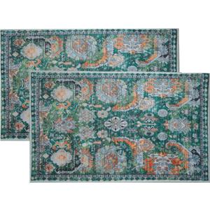 2 Pcs Area Rugs 18" x 30" Washable Non Slip Retro Floor Mat Area Rug Absorbent Entrance Rug Distressed Front Door Mat,Welcome Mats Entryway Rug Doormats for Kitchen (Green)