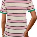 LilyCoco Women's Striped Shirt Short Sleeve Color Block Tops Notched Neck Summer Tee Multicolored Medium