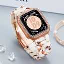 Resin Watch Bands with Case Compatible with Apple Watch Band 40mm 41mm 44mm 45mm Women Watch Strap with Glitter Bling Protective Cover Wristband for iWatch Series 8 7 SE SE2 6 5 4, Nougat White 40mm