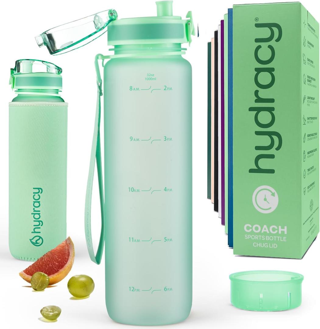 Hydracy Water Bottle with Time Marker -Large BPA Free Water Bottle & No Sweat Sleeve -Leak Proof Gym Bottle with Times to Drink - Ideal for Fitness Sports & Outdoors (Aqua Green)