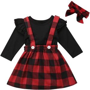 Toddler Baby Girl Infant Plain T Shirts Plaid Overall Skirt Set Cotton Outfits (110)