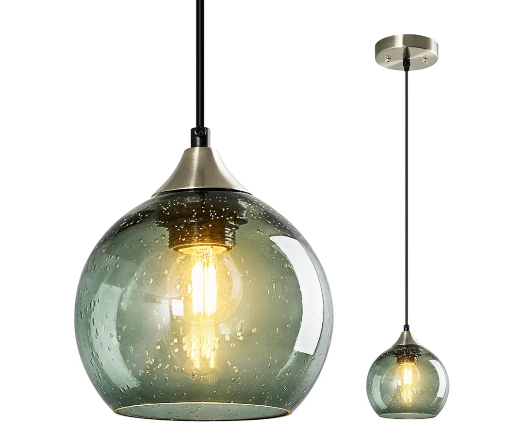 Gray Green Glass Pendant Lights Kitchen Island Lighting Globe Pendant Light Fixtures Modern Pendant Lighting for Kitchen Island Bedroom Living Dining Room Light Fixture(5.9in, 1-Pack)