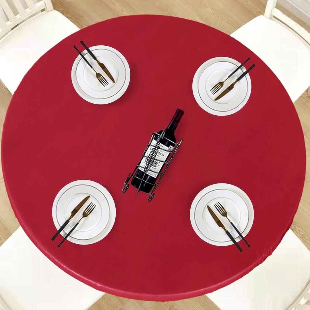LUSHVIDA Round Waterproof Table Cover Elastic Vinyl Fitted Tablecloth Elastic Edged Plastic Table Cloth for Christmas (Red, Best for Up to 36"-44" Round)