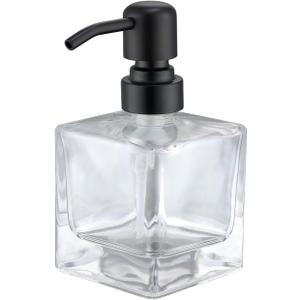 Square Bathroom Soap Dispenser Black, 8.4 oz Glass Bottles with Stainless Steel Pump Cube Liquid Hand Soap Dispenser Kitchen