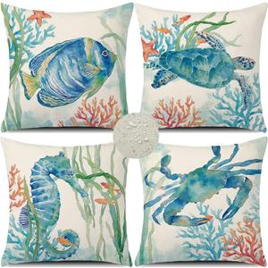 GTEXT 16x16 inch Set of 4 Ocean Beach Outdoor Throw Pillow Covers Waterproof Sea Coastal Theme Decor Cushion Square Pillowcase inch Beach Pillows for Patio Couch Sofa Turtle Crab Seahorse Fish