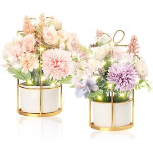 BEGONDIS Set of 2 LED Artificial Flowers Potted Fake Pink and Purple Flowers Hanging Potted Plants for Home Living Room Office Party Decor Decoration (Pink & Purple)