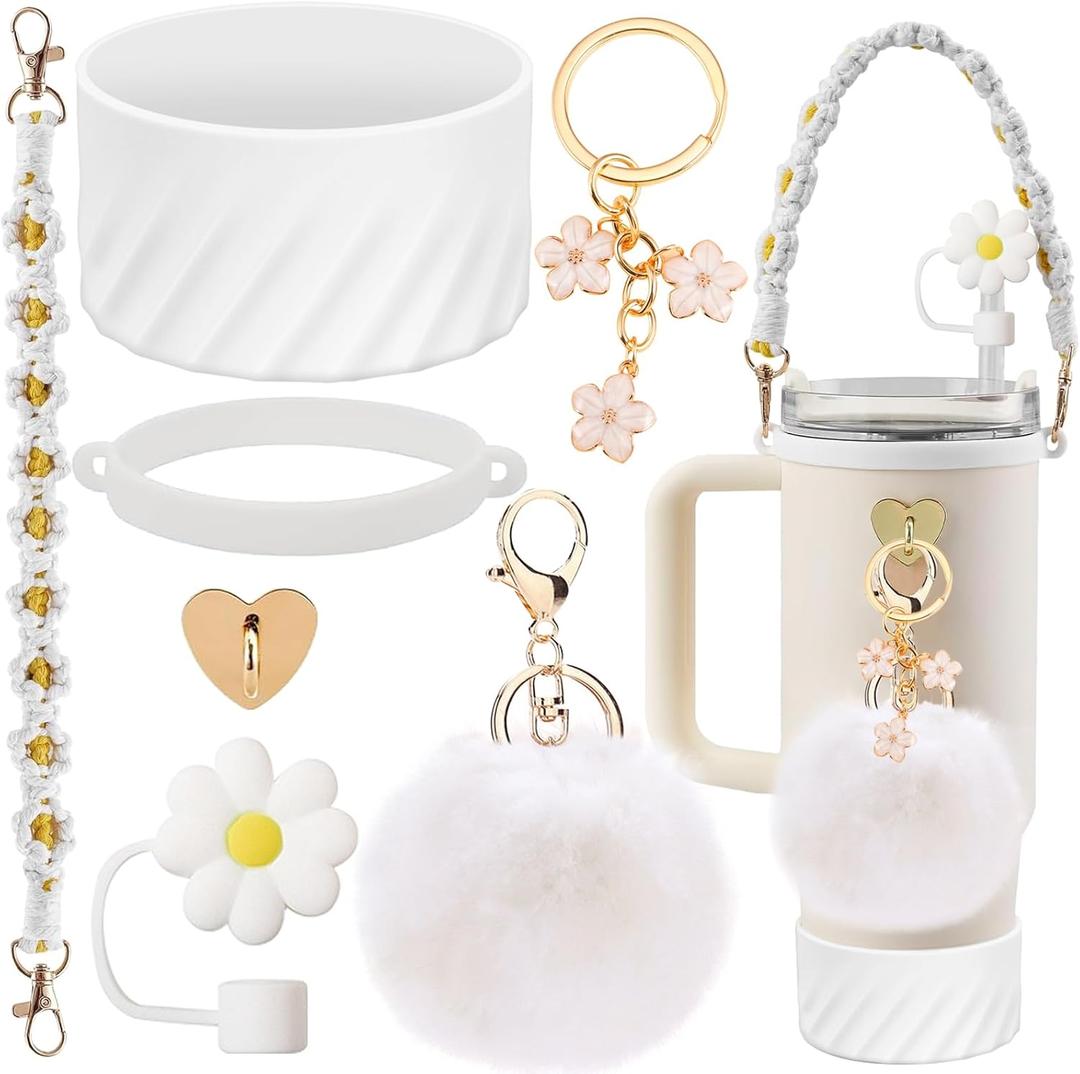 7PCS Accessories Set for Stanley Cup 40 oz 30oz, Including Protective Silicone Boot, Water Bottle Handle Strap, Keychain Charm, Heart Hook, Straw Cover Cap for Stanley Cup Accessories (White)