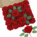DuHouse 50Pcs Artificial Roses Flowers Fake Roses with Stems Real Touch Foam Flowers for DIY Wedding Bouquet Party Centerpiece Floral Arrangement Party Home Decor(Dark Red)