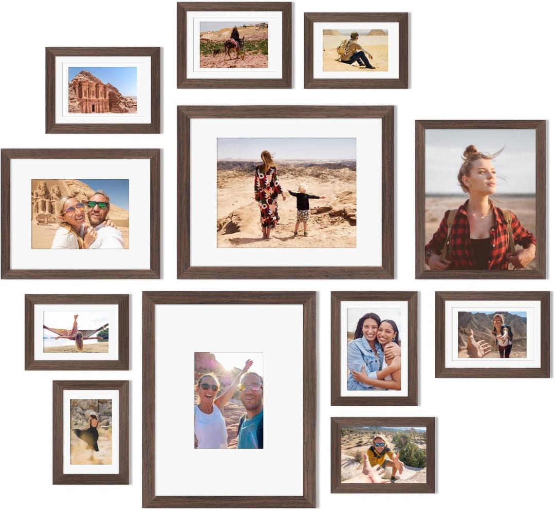 Egofine Picture Frame Set 12 Pack, Picture Frames Collage Wall Decor with Two 11x14, Two 8x10, Four 5x7, Four 4x6 for Wall and Tabletop, Made of Solid Wood, Covered by Plexiglass, Rustic Brown (4x6+5x7+8x10+11x14)