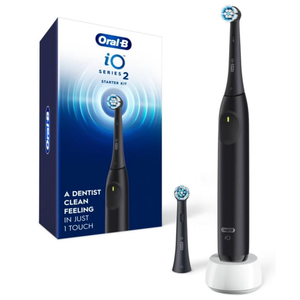 OralB Rechargeable Electric Toothbrush, iO2 Starter Kit, 3 Cleaning Modes, Automatic Pressure Sensor to Protect Gums, 2 Brush Heads, Night Black