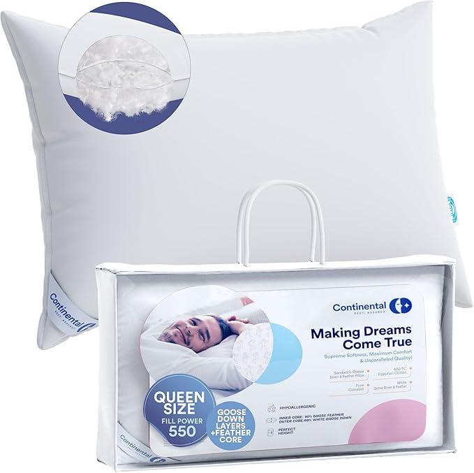 Continental Bedding Pillow Double Down Surround-As seen in many 5 star hotels and resorts. (queen), white
