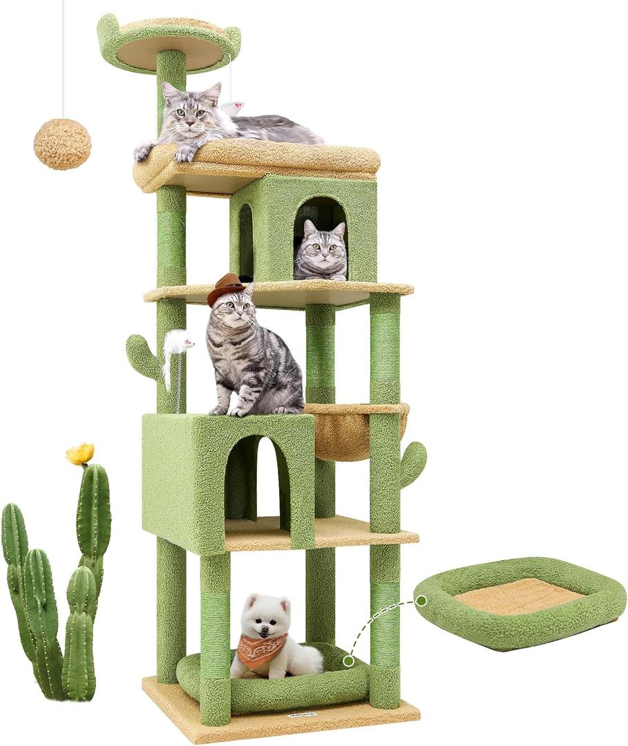 Globlazer Heavy Duty Cactus Cat Tree for Large Cats, Sturdy 72in Maine Coon Cat Tree for Large 20 lbs+ Cactus Cat Tower for Adult Biggest Cats with 6 Scratching Posts, Hammock, S72, Green