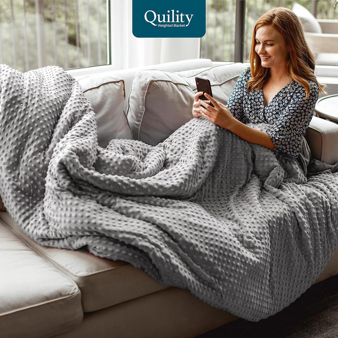 Quility Premium Kids & Adult Weighted Blanket & Removable Cover | 15 lbs | 86”x92” | For Individual or Couples Between 100-140 lbs | Queen Size Bed | Premium Glass Beads | Cotton/Minky | Grey/Chevron