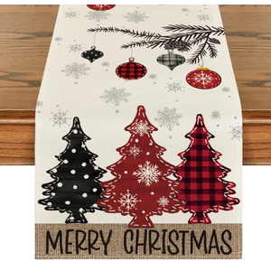 Artoid Mode Red Pine Trees Merry Christmas Table Runner, Winter Xmas Holiday Kitchen Dining Table Decoration for Home Party Decor 13x48 Inch