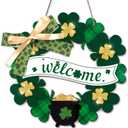 St Patricks Day Decorations Welcome Wreaths for Front Door Decor - Shamrock Sign with Bow for Irish March Home Wall Porch