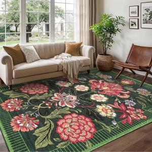 Garvee 5'x7' Vintage Floral Area Rugs Washable Rugs, Non-Slip Print Rug Low Pile Stain Resistant Indoor Carpet for Living Room Bedroom Home Office, Green