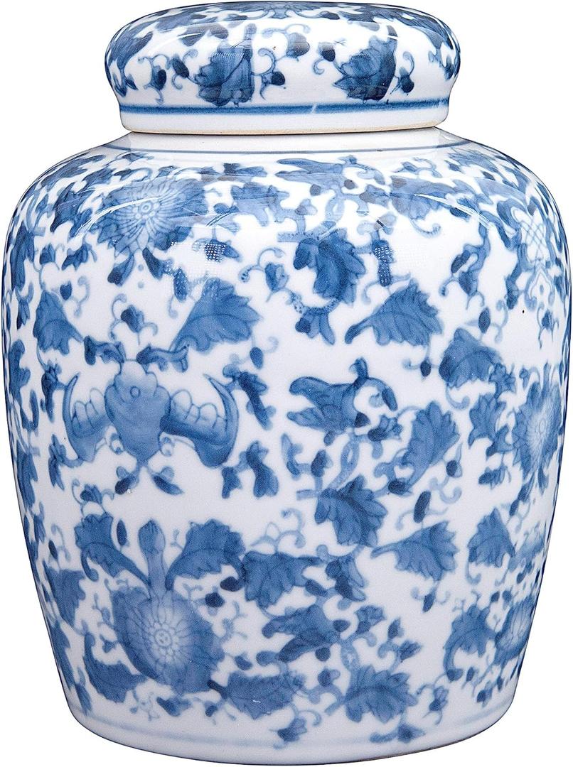 Decorative Blue and White Ceramic Ginger Jar with Lid (8.25" High)