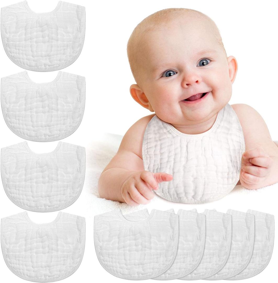 Tatuo 10 Pcs White Muslin Baby Bibs Bulk Adjustable Drool Bandana for Newborn Baby Boy Girl Cotton Soft Absorbent Bandana Bibs for Drooling and Teething Machine Washable