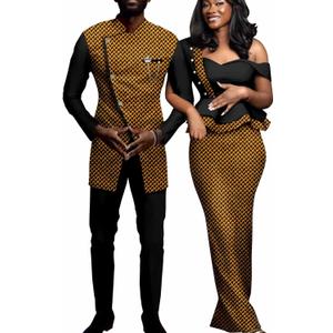 African Couple Outfits Women Print Wax One Shoulder Pencil Dress with Men Dashiki Jacket Shirt and Pants Sets (XX-Large, 743)