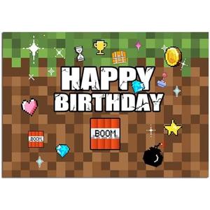 QGHOT Pixel Backdrop Happy Birthday Party Decoration 7x5Ft Video Game Themed Banner Gaming Gamer Photo Background for Kids Boy Cake Table Supplies Favors