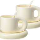 Lallisa 2 Pieces 13.5 oz Ceramic Coffee Mug Cute Fat Handle Cup with 2 Pcs Matching Saucer and 2 Pcs Spoons Espresso Chubby Mug for Milk Latte Tea Cafe, Dishwasher and Microwave Safe (Beige)