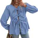 PRETTYGARDEN Women's Spring Fall Babydoll Peplum Blouse Shirt Puff Long Sleeve Bow Tie Front Trendy Cute Y2K Going Out Tops (S)