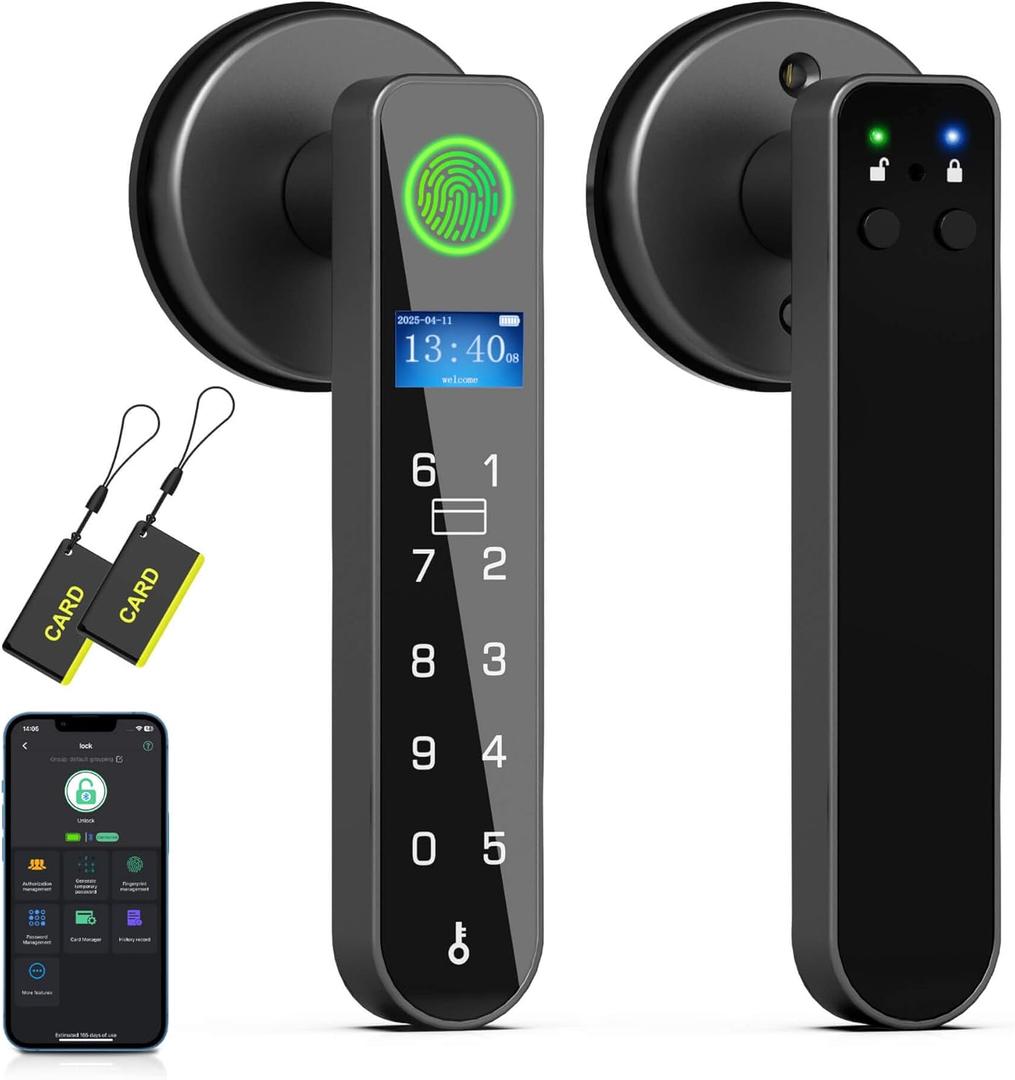 Smart Door Knob Lock with Display Screen, Fingerprint Keyless Entry Door Lock with Code Keypad Handle, RFID Cards, Security Locking Door Lever Locks for Bedroom Interior Doors - Black