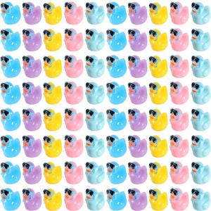 100pcs Summer Beach Ducks, Mini Resin Ducks Colorful Duck Figurines with Surfing Glasses Surfboards for Baby Shower Miniature Garden Landscape DIY Dollhouse Potted Plants Pool Party Decoration